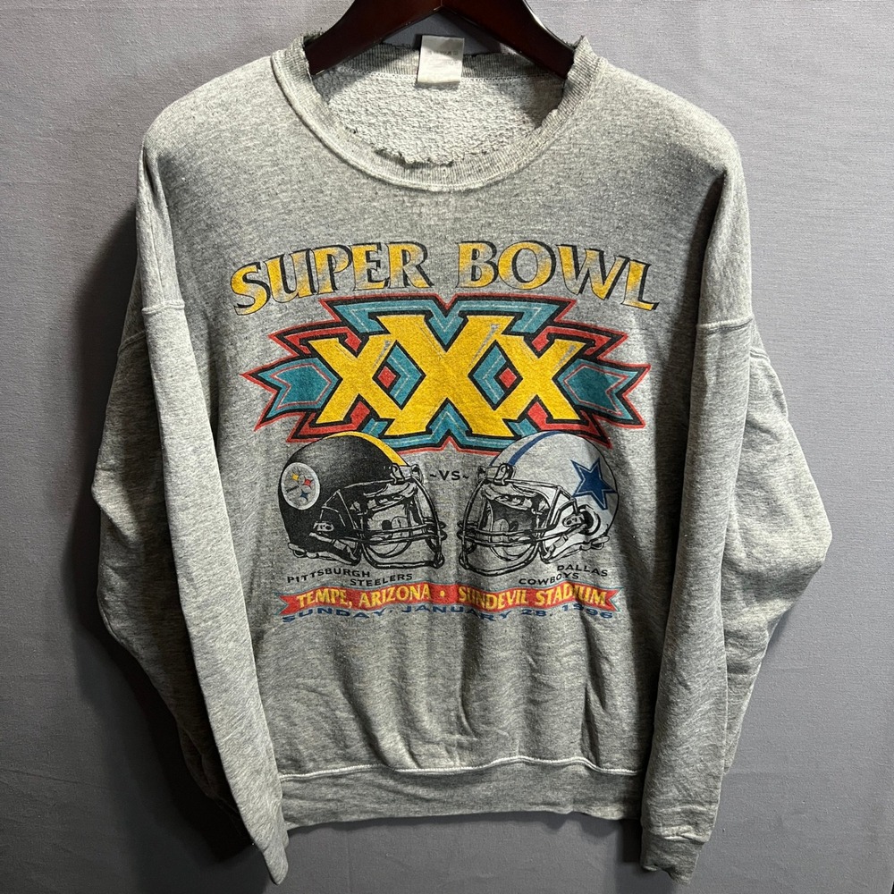 Vintage 1996 Super Bowl XXX Sweatshirt Dallas Cowboys vs Steelers XXL Gray USA